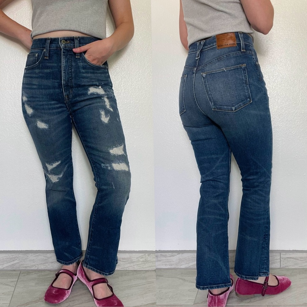 Point Sur Denim | J. Crew Dark-Wash Distressed Xtra High-Rise Flare Crop Jeans